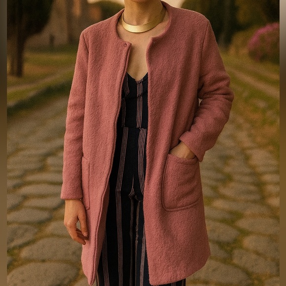 Max Studio Pink Wool Blend Long Line Zip Down Jacket Blazer Size Large - Picture 1 of 12